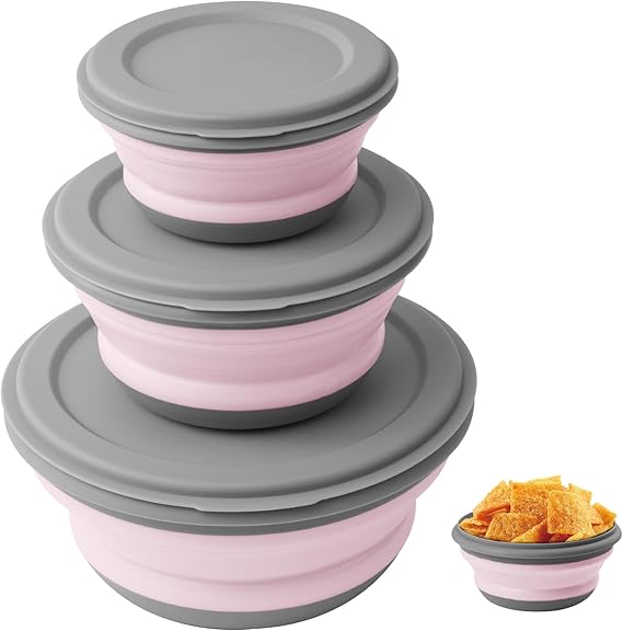 3-in-1 Portable Camping Lunch Kit – Collapsible Silicone Bowls with Lids