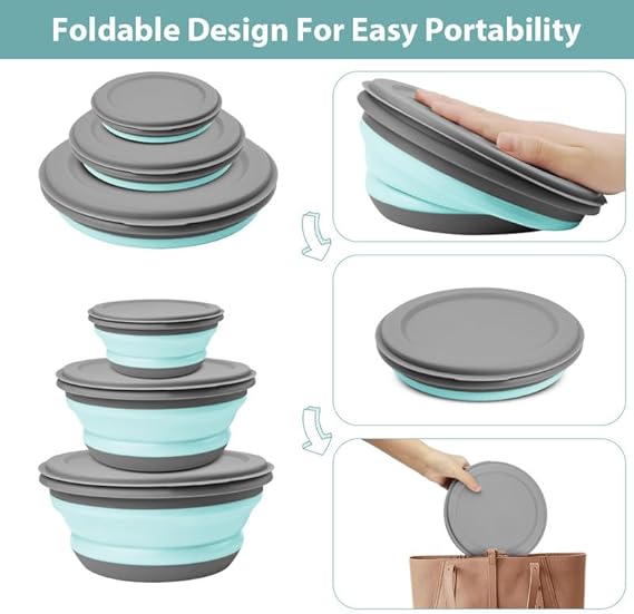 3-in-1 Portable Camping Lunch Kit – Collapsible Silicone Bowls with Lids