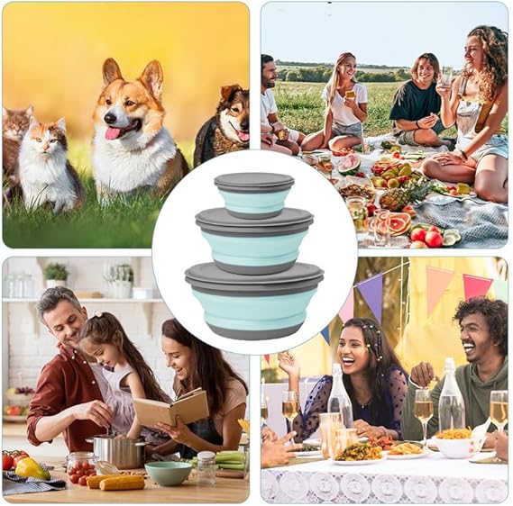 3-in-1 Portable Camping Lunch Kit – Collapsible Silicone Bowls with Lids