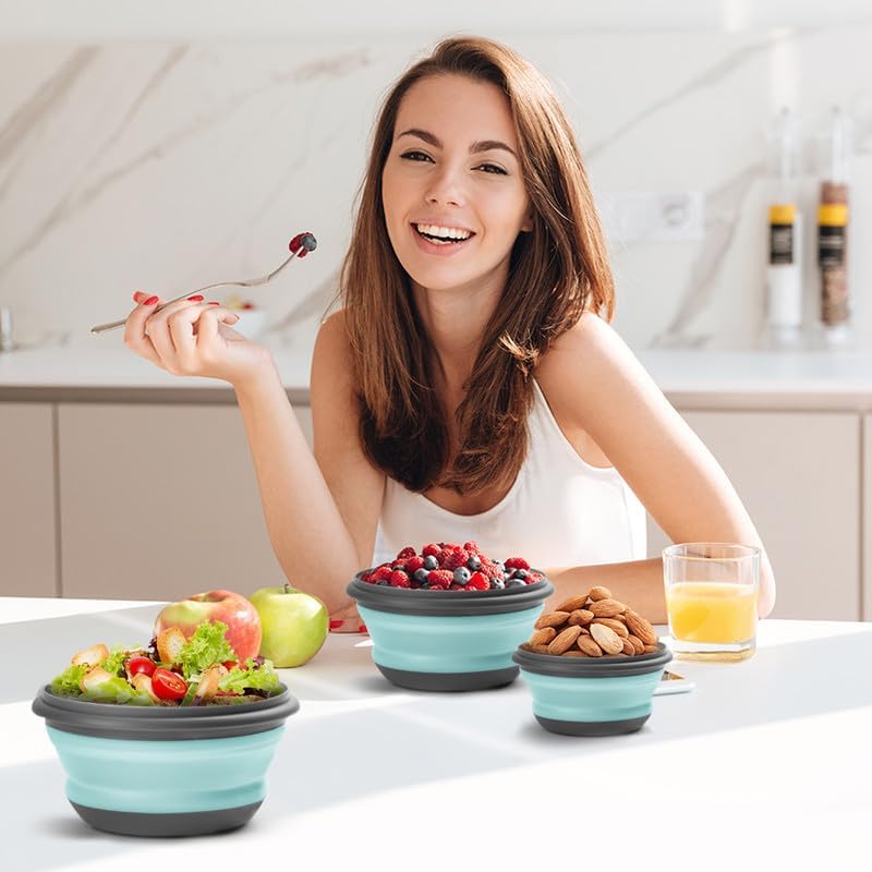 3-in-1 Portable Camping Lunch Kit – Collapsible Silicone Bowls with Lids