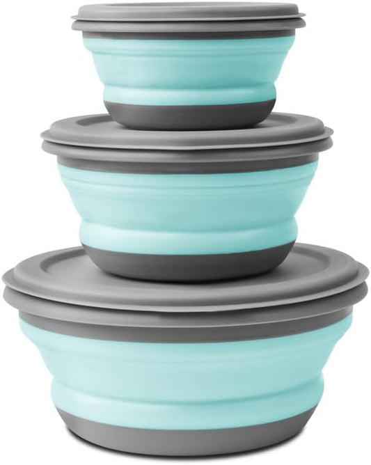 3-in-1 Portable Camping Lunch Kit – Collapsible Silicone Bowls with Lids