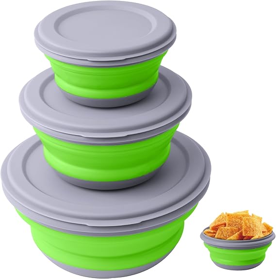 3-in-1 Portable Camping Lunch Kit – Collapsible Silicone Bowls with Lids
