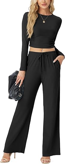 "Flick Cart's Luxe Lounge Set – Ruched Top & High-Waist Joggers with Pockets