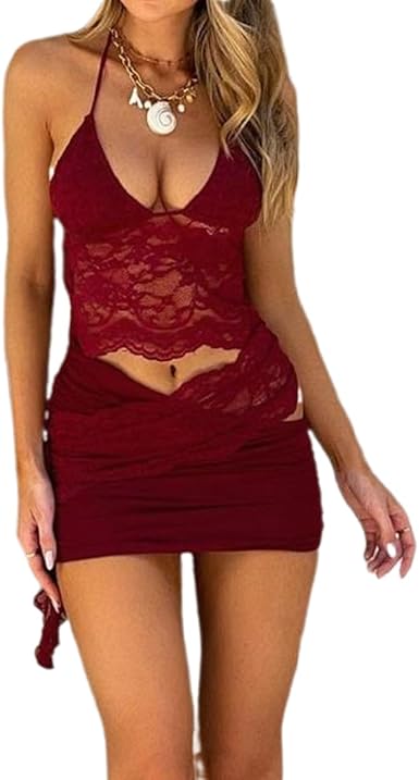 Y2K Lace Mini Skirt Set – Sleeveless Mesh Crop Top | Flick Cart |