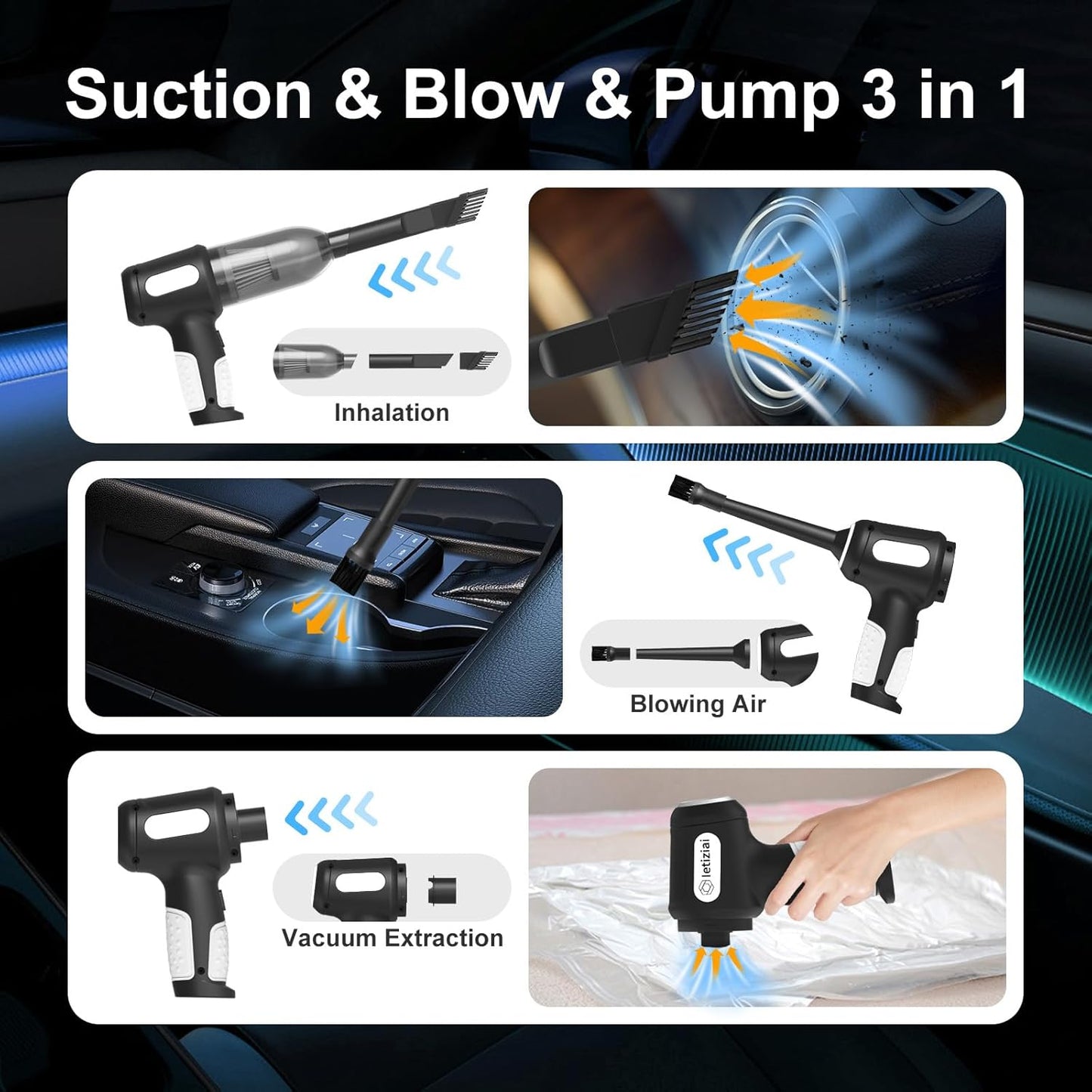 3-in-1 Cordless Handheld Car Vacuum Cleaner 7000Pa – USB Rechargeable, Air Duster & Blower