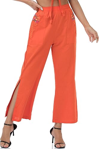Boho Chic Summer Pants β Embroidered Cotton Trousers with Lace Pockets|Flick Cart|