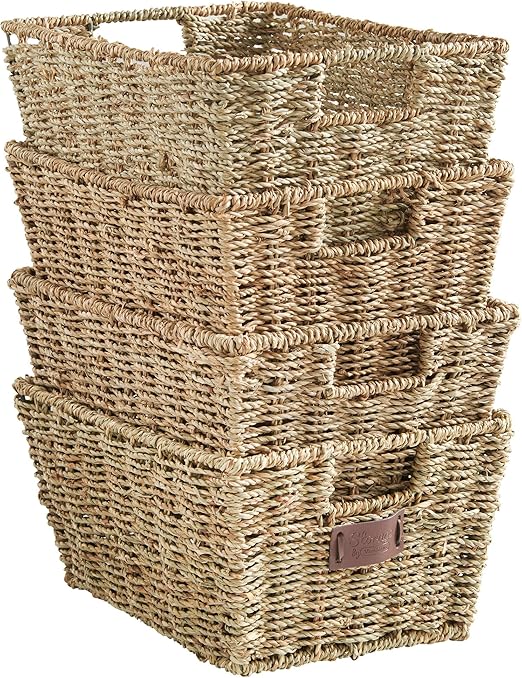 VonHaus Set of 4 Seagrass Storage Baskets – Handwoven Organisers with Handles | Flick Cart