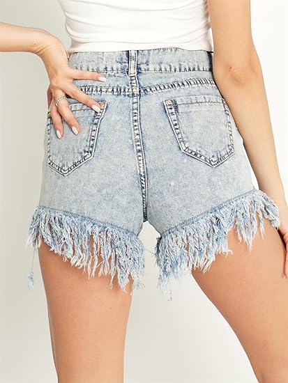 Flick Cart's Boho-Chic Denim Shorts – High Waist + Tassel Fringe in Light Blue