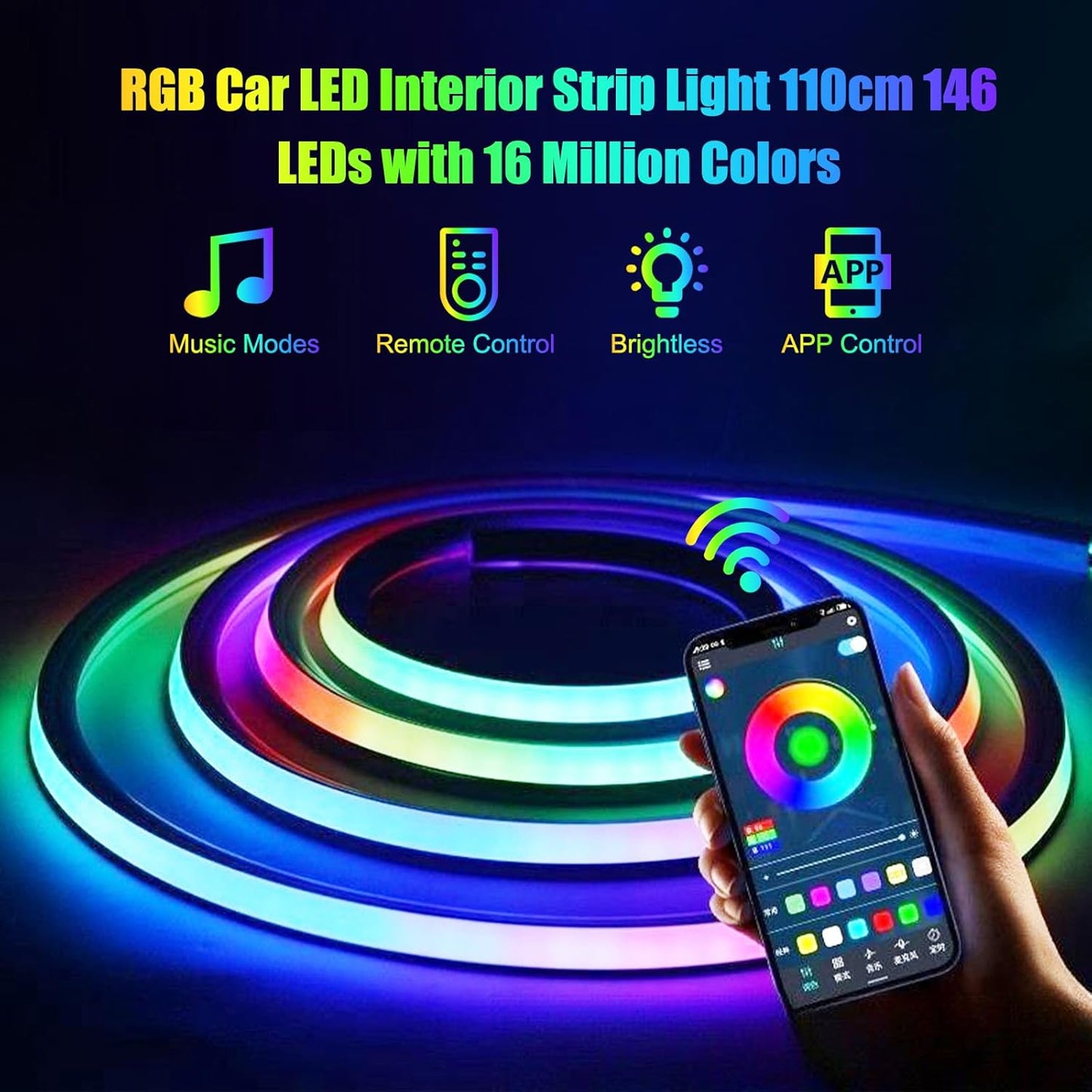 Flick Cart Acrylic LED Car Lights (110cm) – 16M Colors, APP & USB Control. Perfect Ambient Kit