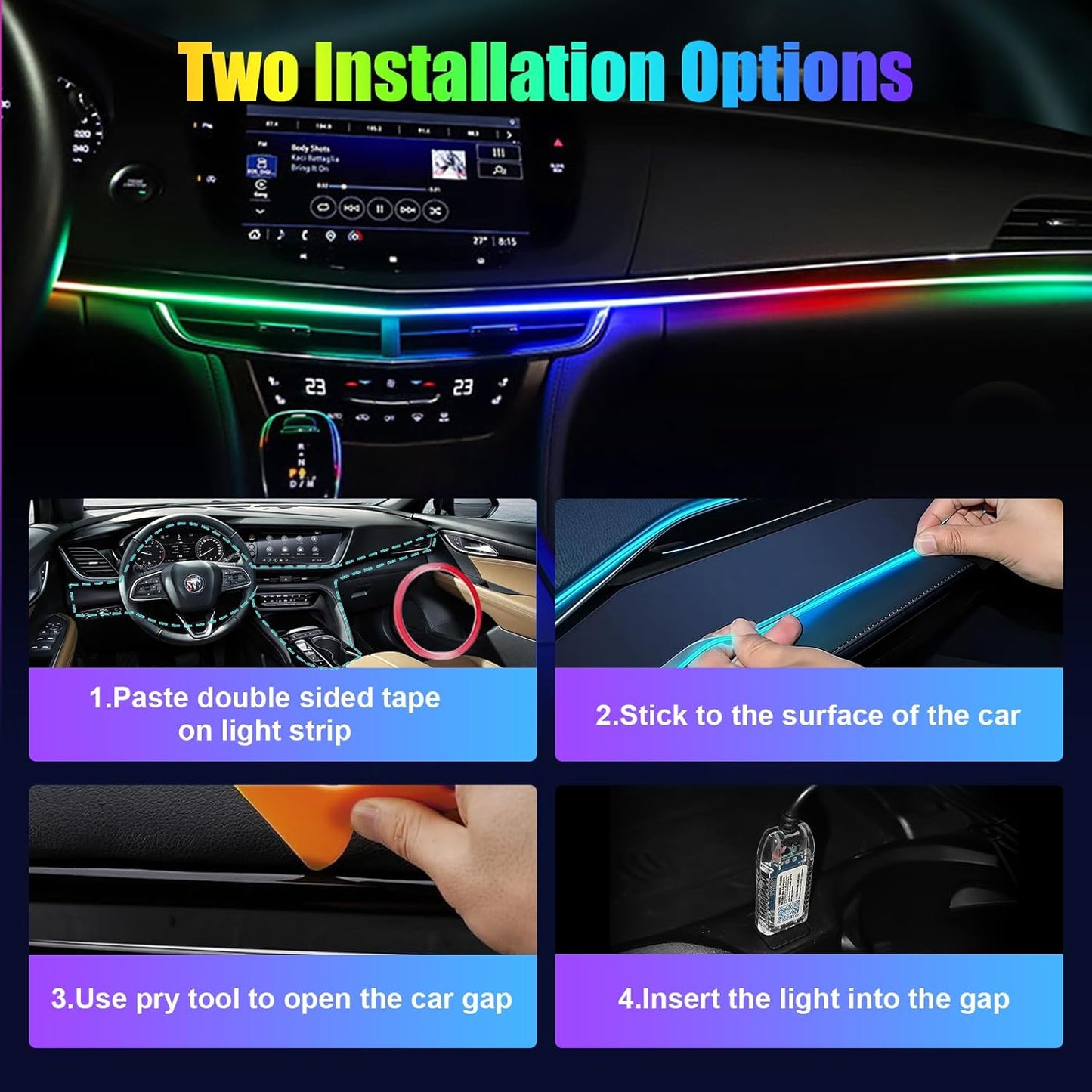 Flick Cart Acrylic LED Car Lights (110cm) – 16M Colors, APP & USB Control. Perfect Ambient Kit