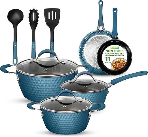 NutriChef 11-Pc Non-Stick Cookware Set – Royal Blue Beauty! ✨ | Flick Cart
