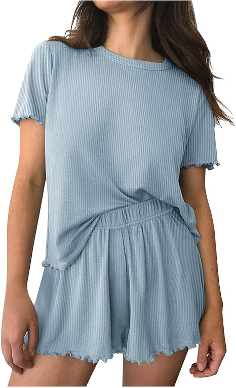 Ribbed Knit Lounge Set - Short Sleeve Top & Elastic Shorts | Flick Cart |