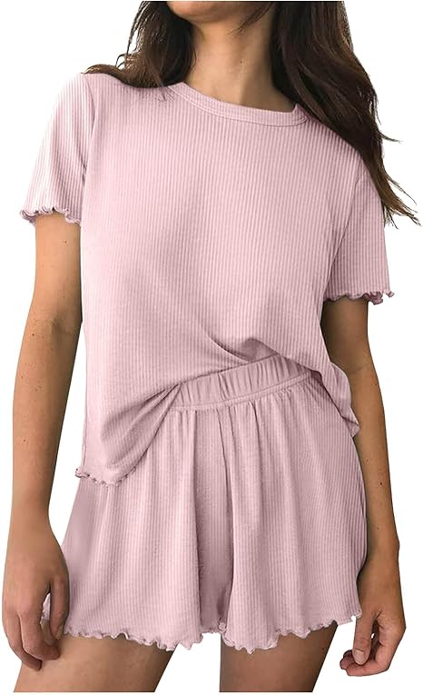 Ribbed Knit Lounge Set - Short Sleeve Top & Elastic Shorts | Flick Cart |