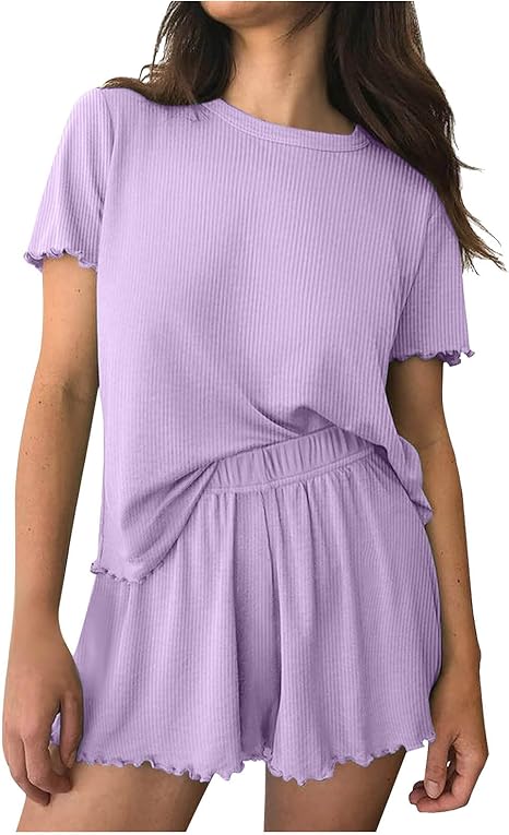 Ribbed Knit Lounge Set - Short Sleeve Top & Elastic Shorts | Flick Cart |