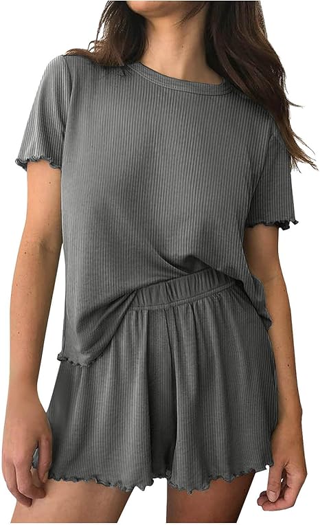 Ribbed Knit Lounge Set - Short Sleeve Top & Elastic Shorts | Flick Cart |