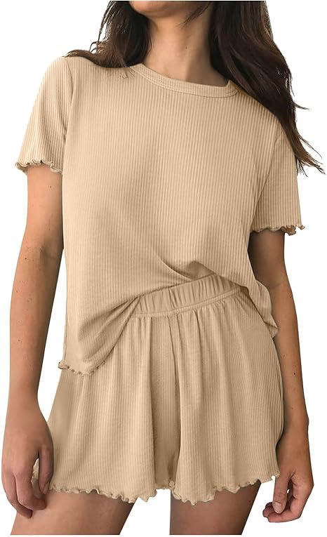 Ribbed Knit Lounge Set - Short Sleeve Top & Elastic Shorts | Flick Cart |
