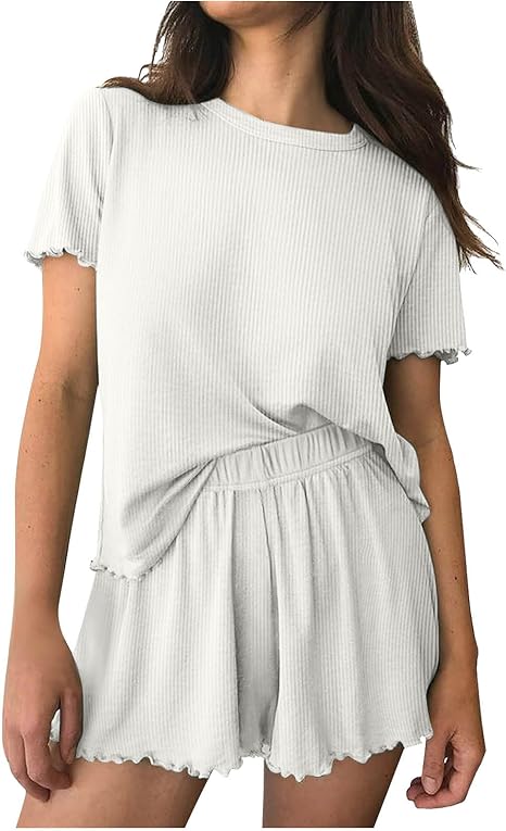 Ribbed Knit Lounge Set - Short Sleeve Top & Elastic Shorts | Flick Cart |