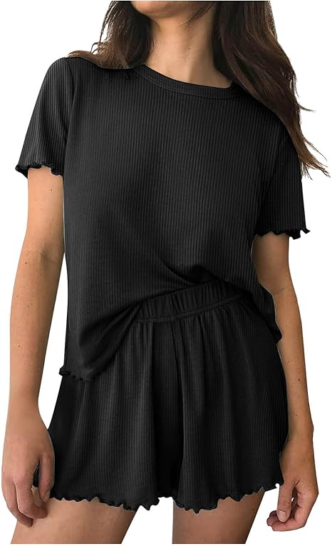 Ribbed Knit Lounge Set - Short Sleeve Top & Elastic Shorts | Flick Cart |