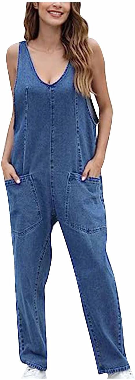 Women's Summer Denim Jumpsuit | Sleeveless Romper with Pockets | Flick Cart |