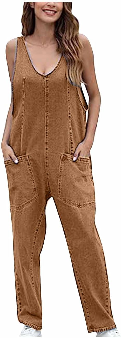 Women's Summer Denim Jumpsuit | Sleeveless Romper with Pockets | Flick Cart |