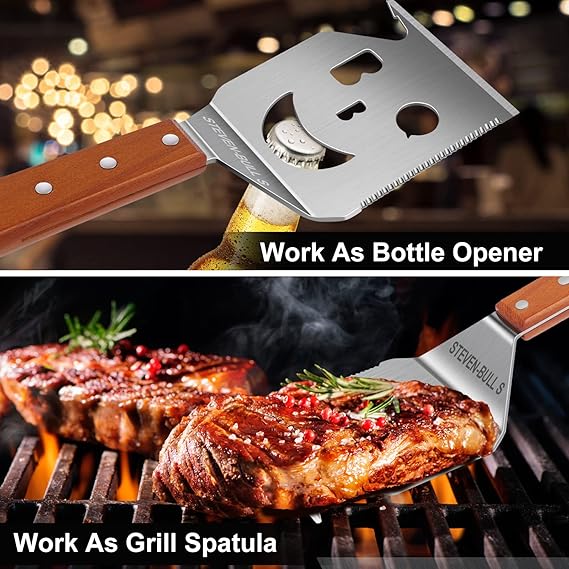 Flick Cart's 7-in-1 Ultimate BBQ Spatula - Stainless Steel Grill Master Kit with Wooden Handle
