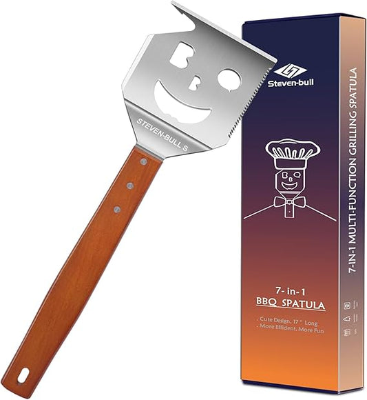 Flick Cart's 7-in-1 Ultimate BBQ Spatula - Stainless Steel Grill Master Kit with Wooden Handle