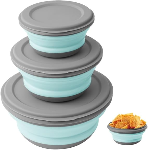 3-in-1 Portable Camping Lunch Kit – Collapsible Silicone Bowls with Lids