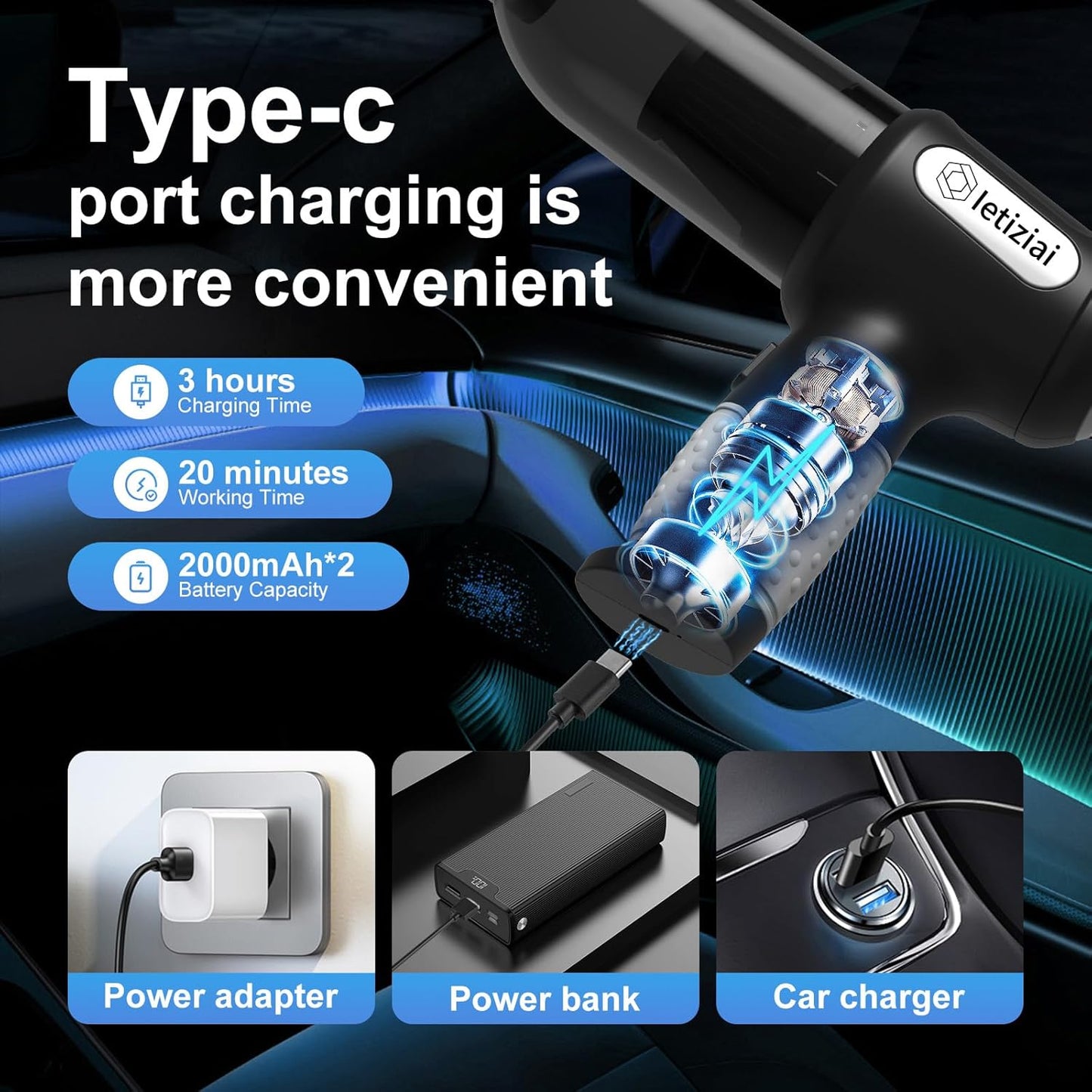 3-in-1 Cordless Handheld Car Vacuum Cleaner 7000Pa – USB Rechargeable, Air Duster & Blower