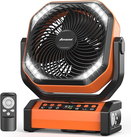 Amacool Mega 20000mAh Camping Fan - 112H Runtime | 8-Speed, Remote Control & 270° Pivot | Tent/RV Essential w/ LED Light (Orange) | Flick Cart