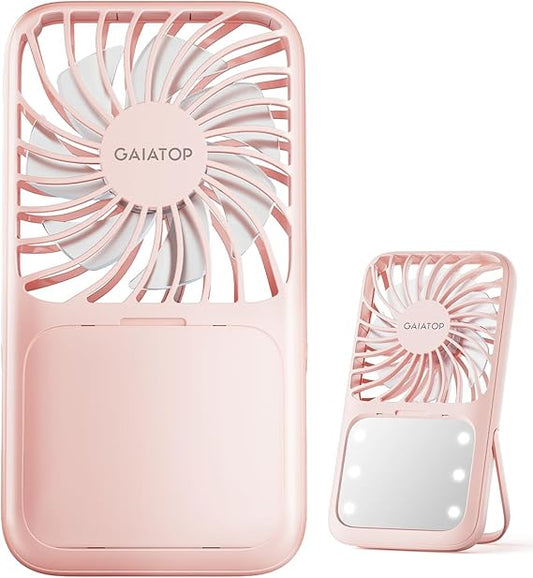 Gaiatop 3-in-1 Portable Fan & Makeup Mirror | 3-Speed Cooling + LED Light | Foldable Stand, Rechargeable | Perfect Travel Gift (Pink) | Flick Cart