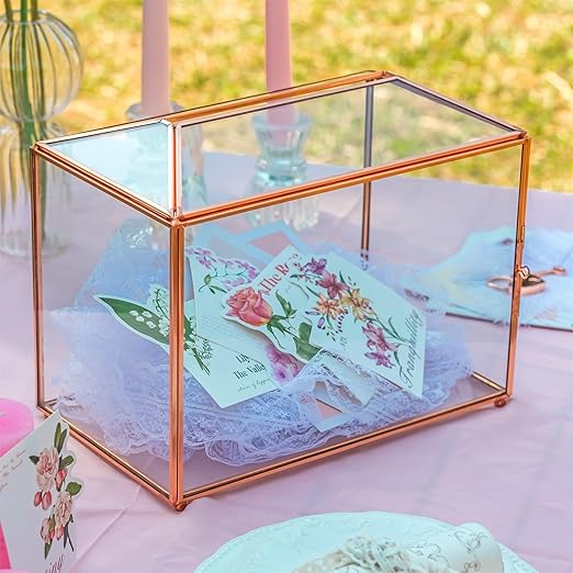 NCYP Rose Gold Geometric Glass Card Box | 26cm Lockable Wedding Gift Holder + Terrarium Planter | Handmade Centerpiece | Flick Cart
