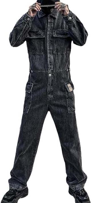MQMYJSP Men’s Vintage Denim Jumpsuit – Darkwear Button-Up Style for Spring & Autumn | Flick Cart
