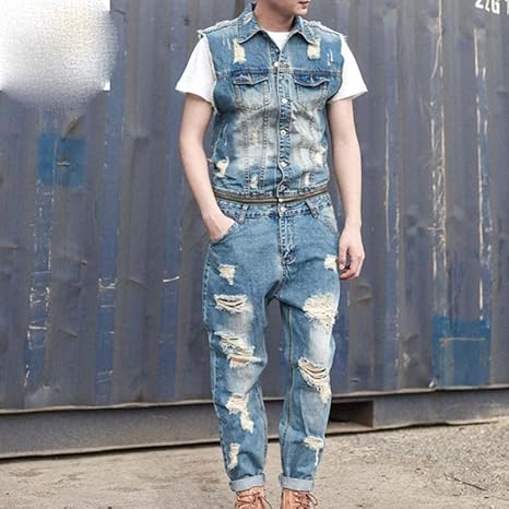 Aoleaky Men’s Removable Zip Waist Denim Jumpsuit – Ripped Sleeveless Overalls | Flick Cart