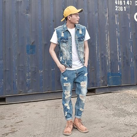 Aoleaky Men’s Removable Zip Waist Denim Jumpsuit – Ripped Sleeveless Overalls | Flick Cart