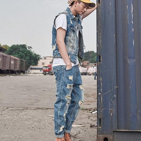Aoleaky Men’s Removable Zip Waist Denim Jumpsuit – Ripped Sleeveless Overalls | Flick Cart