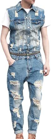Aoleaky Men’s Removable Zip Waist Denim Jumpsuit – Ripped Sleeveless Overalls | Flick Cart