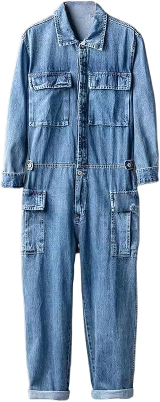 Flick Cart | WOLONG Men's Retro Denim Jumpsuit – Street Style Blue Overalls with Pockets