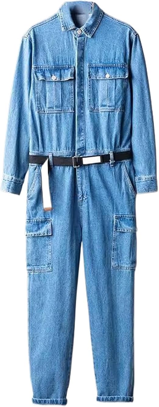 Flick Cart | WOLONG Men's Light Blue Denim Jumpsuit – Loose Fit Japanese Workwear Style