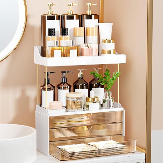 Flick Cart's 2-Tier Makeup Organizer - 3-Drawer Vanity Storage in Elegant Amber