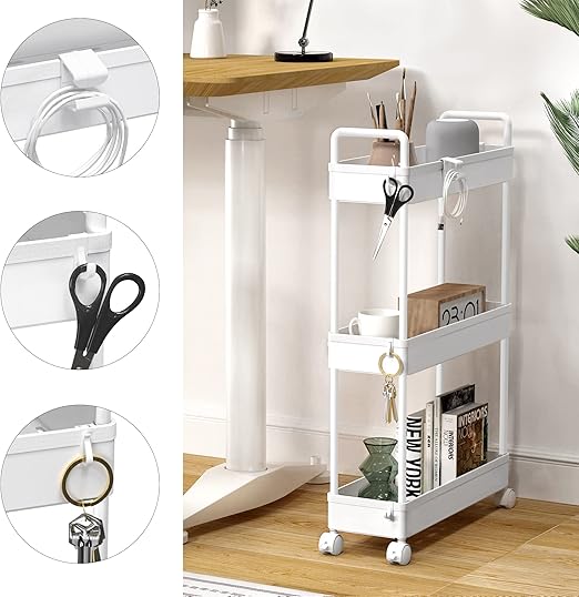 Flick Cart's Slim 3-Tier Rolling Cart - Space-Saving Mobile Organizer for Kitchen/Bathroom