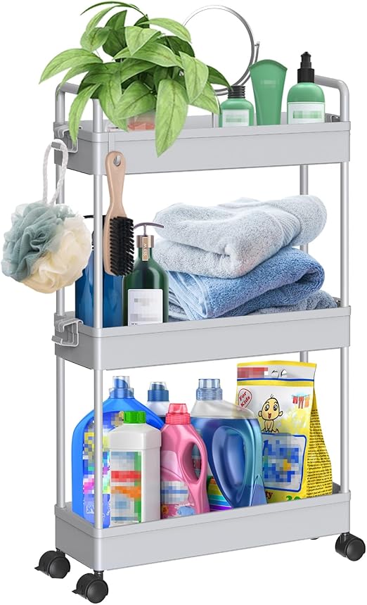 Flick Cart's Slim 3-Tier Rolling Cart - Space-Saving Mobile Organizer for Kitchen/Bathroom