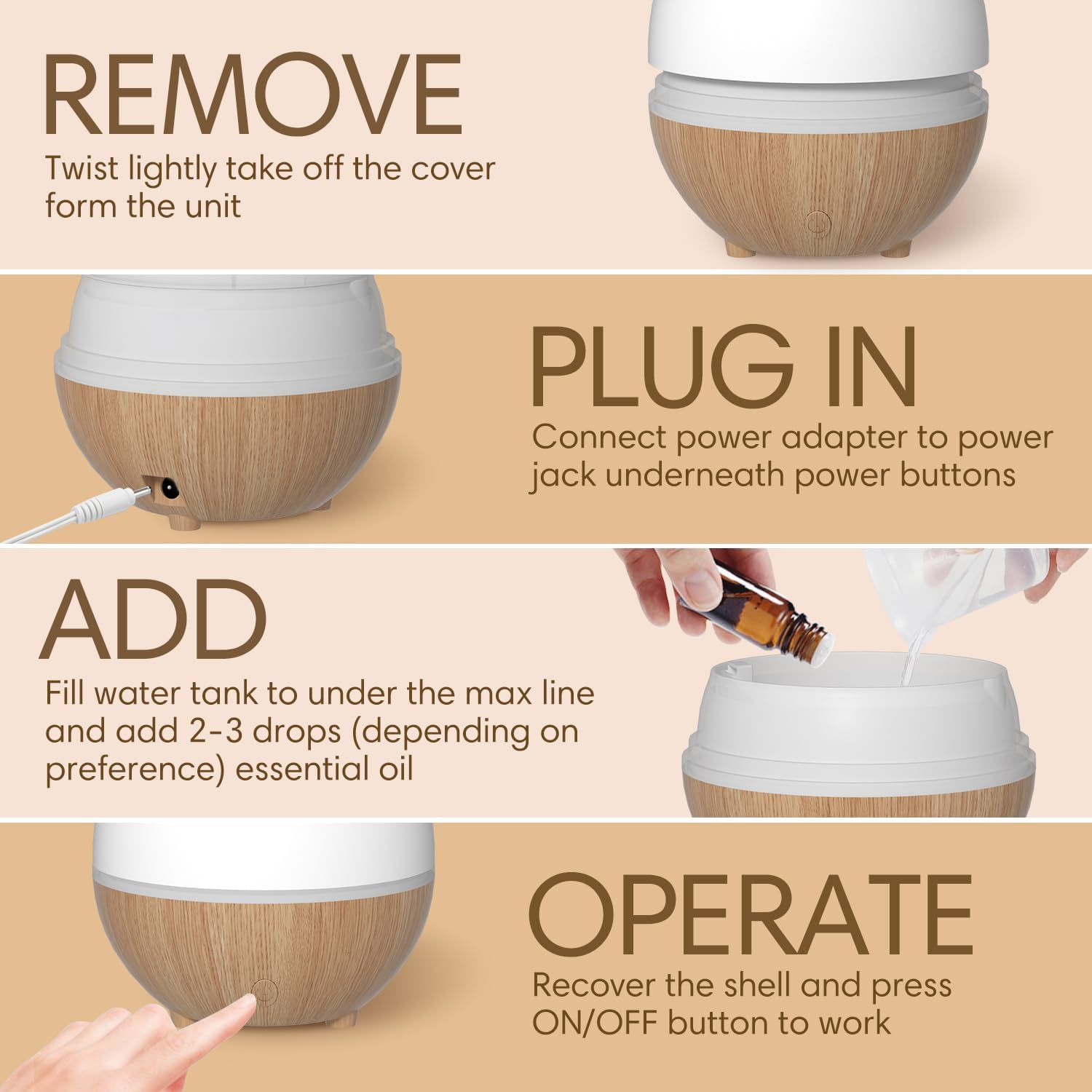 Aroma Diffuser – Quiet Ultrasonic Humidifier with Warm White Light Auto Shut-Off