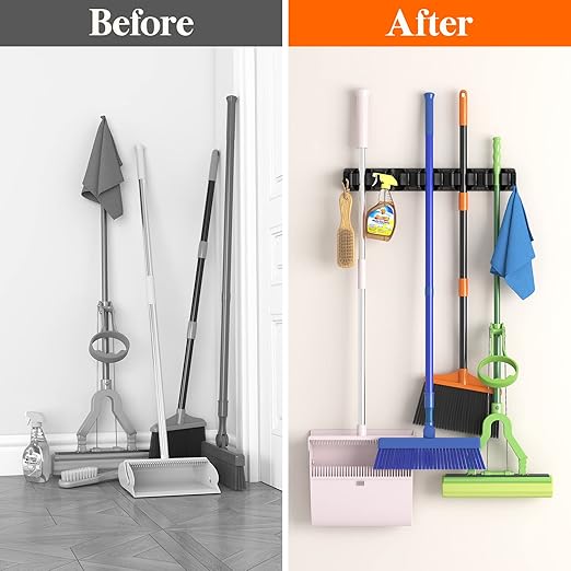 Flick Cart Exclusive: Lifewit Heavy-Duty Broom Holder - 5 Slots + 6 Hooks for Brooms, Mops & Tools