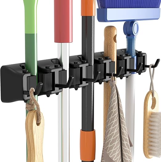 Flick Cart Exclusive: Lifewit Heavy-Duty Broom Holder - 5 Slots + 6 Hooks for Brooms, Mops & Tools