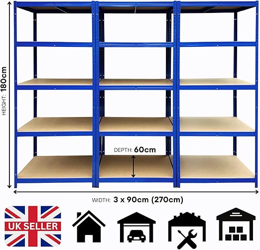 Flick Cart: Racking Monkey 3-Bay Blue Shelving - 5-Tier Storage for Garage, Workshop & More