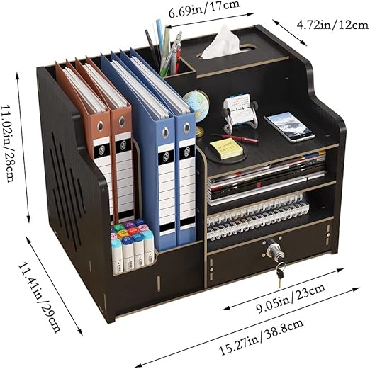Premium Cherry Wood Desktop Organizer w/Drawer – A4 File & Office Storage | Flick Cart