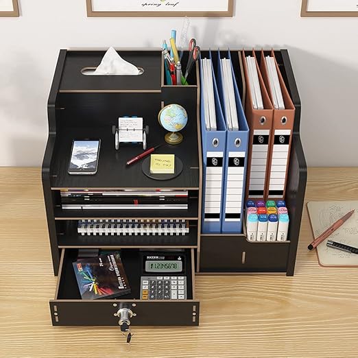 Premium Cherry Wood Desktop Organizer w/Drawer – A4 File & Office Storage | Flick Cart