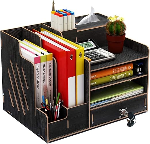 Premium Cherry Wood Desktop Organizer w/Drawer – A4 File & Office Storage | Flick Cart
