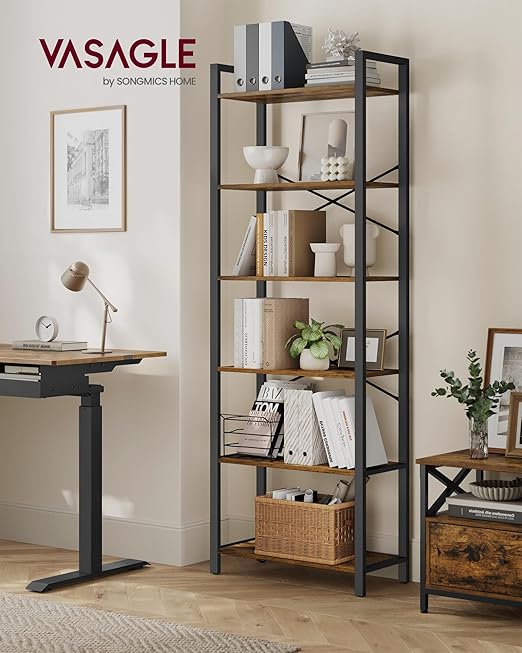 VASAGLE Industrial 6-Tier Bookshelf - Rustic Brown & Black Shelving Unit | Flick Cart