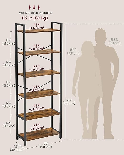 VASAGLE Industrial 6-Tier Bookshelf - Rustic Brown & Black Shelving Unit | Flick Cart
